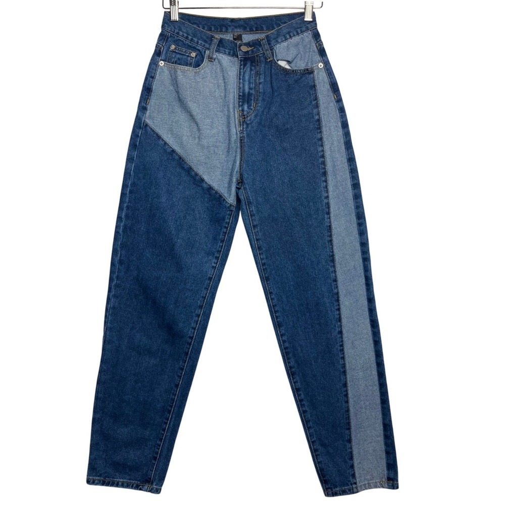 Cider Y2K Blue Patchwork Mom Jeans High Waisted Multi Tone Tapered Denim Women S